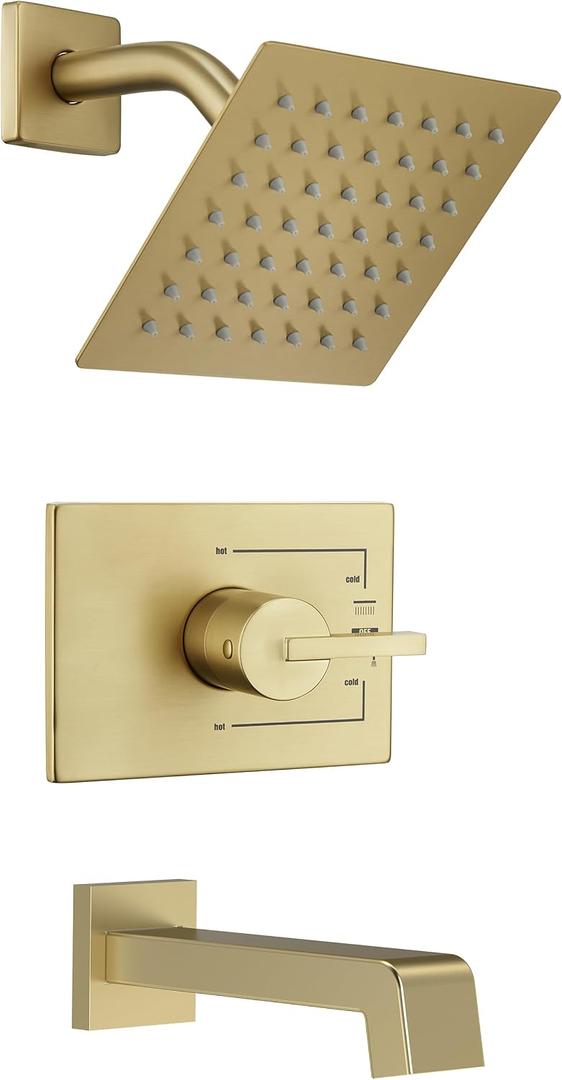 SOOOHOT Brushed Gold Shower Fixtues, Tub and Shower Faucet Set Combo with 6 Inch Gold Shower Head and Tub Spout, Gold Shower Head and Handle Set (Valve Included)