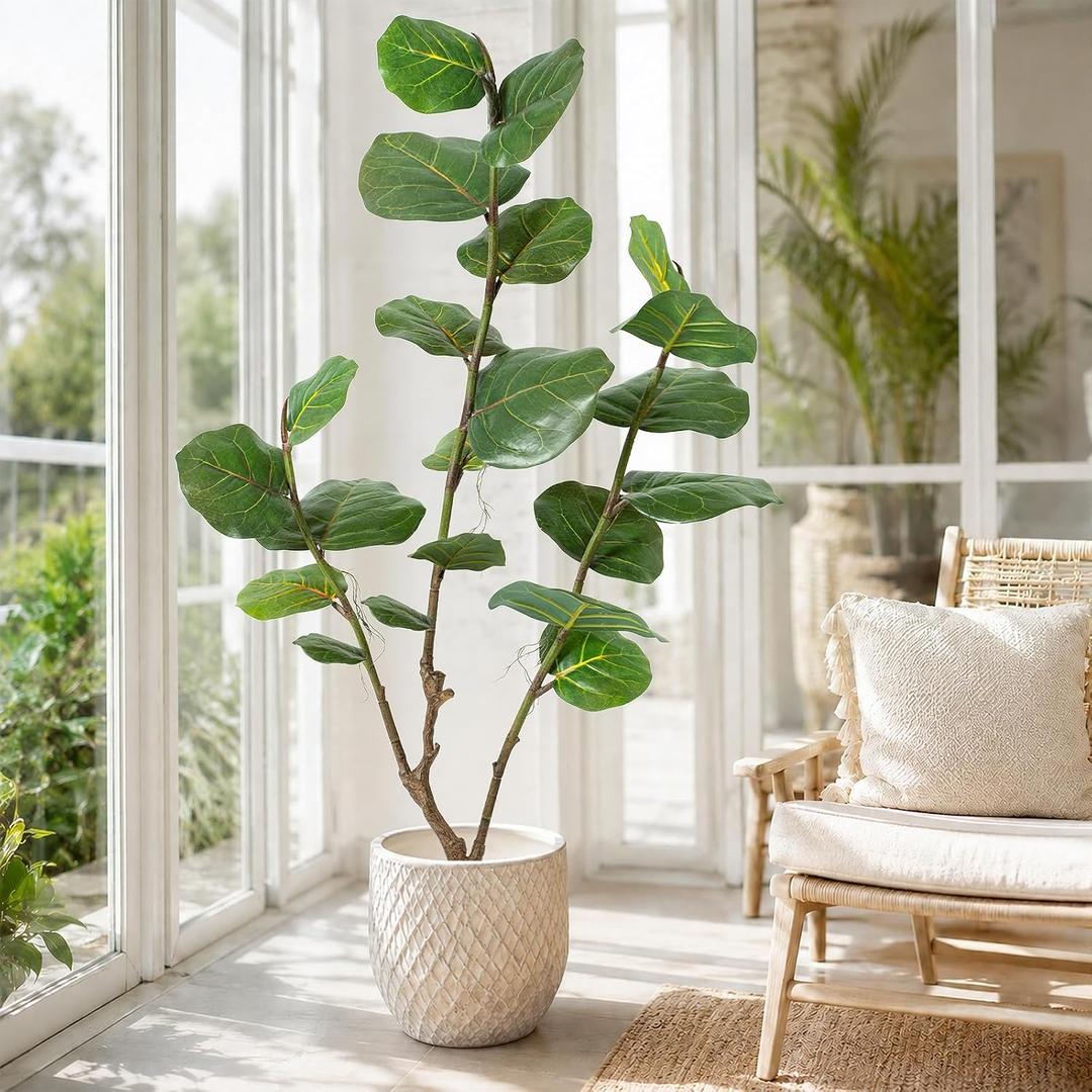 Faux Fiddle Leaf Fig Tree, 4 Ft Artificial Ficus Audrey Plant with Realist Aerial Roots, Fake Plants Indoor with Pot for Living Room, House Office, Bedroom Decor