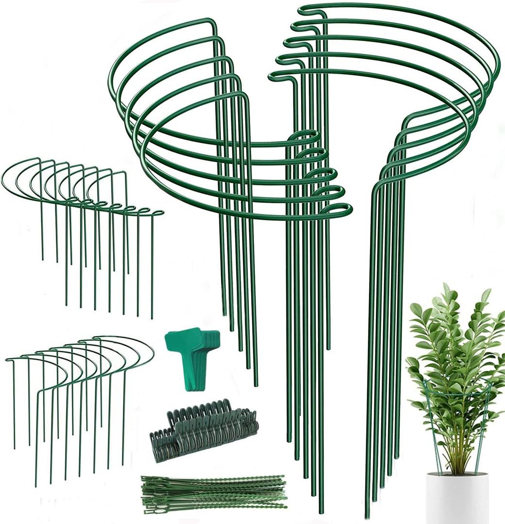 24 Pack Plant Support Stake, Half Round Metal Garden Plant Stake, Green Plant Support Ring, Border Support with Plant Lables & Plant Clips for Outdoor Indoor Plants, Vegetable, Flowers 16x10inch-24Pack