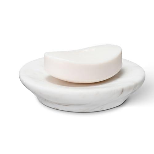 HAMAKAWA Natural Marble Soap Dish, Round White Jewelry Dish 4.5 Inch, Limestone Shower Soap Holder, Modern Stone Sponge Holder with Beveled Edge, Bar Soap Saver Tray for Bathroom, Kitchen