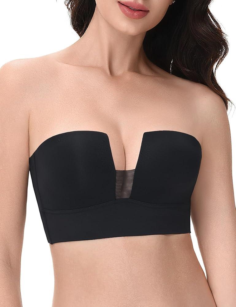 Strapless Bra Push Up Padded Deep V Plunge Bras for Women,Longline Underwire Support Anti-Slip Black 40B