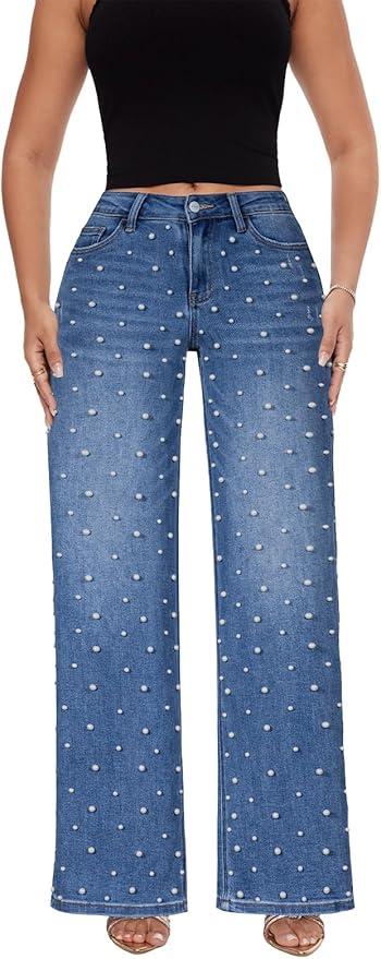 Mid-Low Rise Baggy Jeans Wide Leg for Women Distressed Pants Stretchy Bottom Lady Basic Comfortable Denim, Size XS