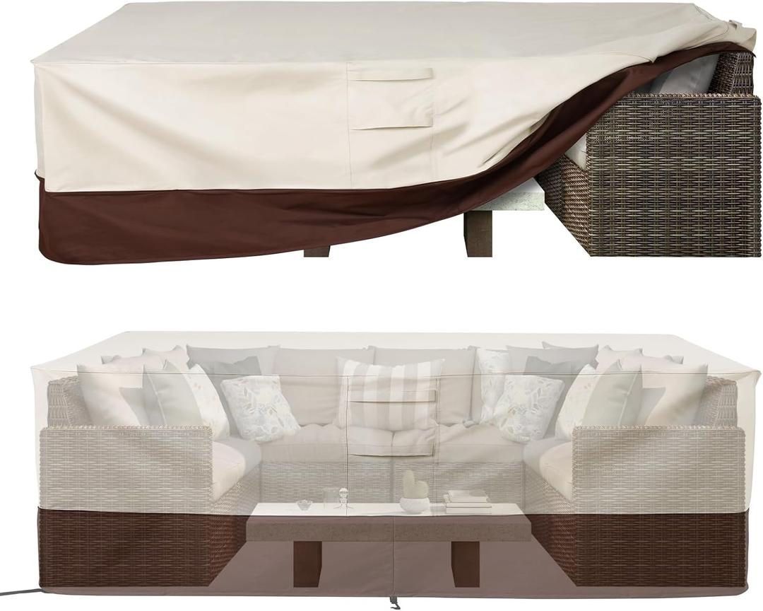 Vailge Waterproof Patio Furniture Set Cover with Padded Handles, Patio/Outdoor Table Cover, Patio/Outdoor Dining Rectangular Table Chairs Cover Small,Beige & Brown (Rectangular 90"(L)x64"(W)x28"(H))