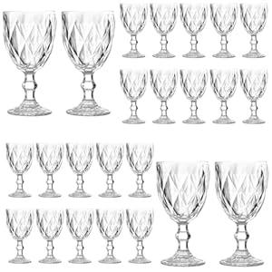 24 Pack Vintage Wine Glasses, Plastic Reusable 12 Ounce Colored Water Goblets, Unique Embossed Pattern Unbreakable Stemmed Wine Glasses High Clear Wedding Party Bar Drinking Cups Amber