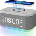 Alarm Clock Speaker Wireless Charger, Digital Alarm Clocks Bedrooms Bluetooth, Alarm Clock Dimmable Light Bedrooms Dual Alarm Snooze Dimmer 12 24H RGB Night Light Bluetooth USB AUX, Grey