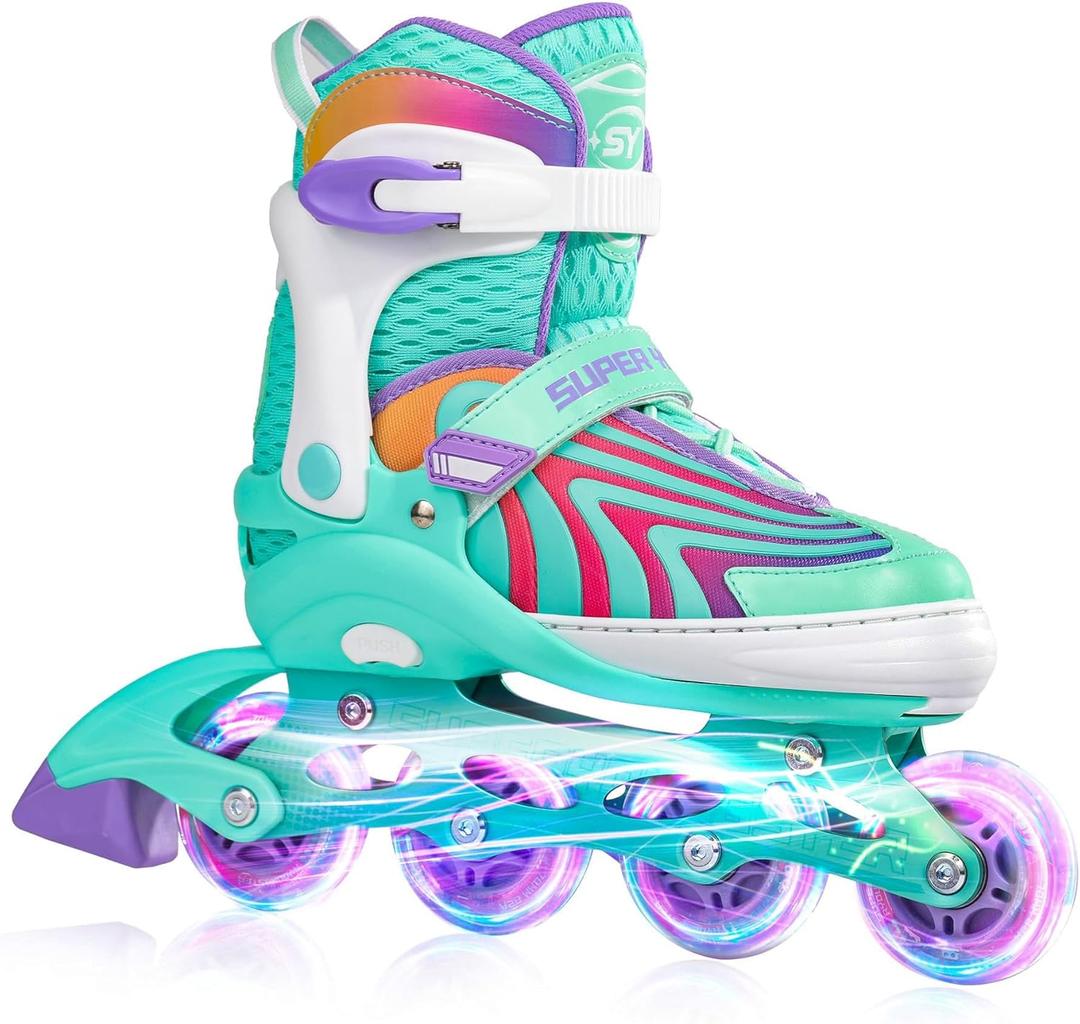 Girls Inline Skates for Boys Kids Ages 4-12, Adjustable Light Up Roller Skates for Youth Teens Ages 8-12, Beginner Blades for Women Adults (Mint Green)