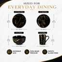 16-Piece Porcelain Dinnerware Set for 4, Black Gold Marble | Includes 4 dinner plates, 4 salad plates, 4 bowls, and 4 mugs. Microwave and dishwasher safe for everyday dining.