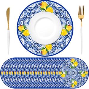 100 Pack Lemon Paper Placemats 13.8 Inch Capri Lemon Party Decorations Disposable Blue Tiles Lemonade Table Mats for Amalfi Coast Party Supplies Italian Wedding Kitchen Dinner Table Decor