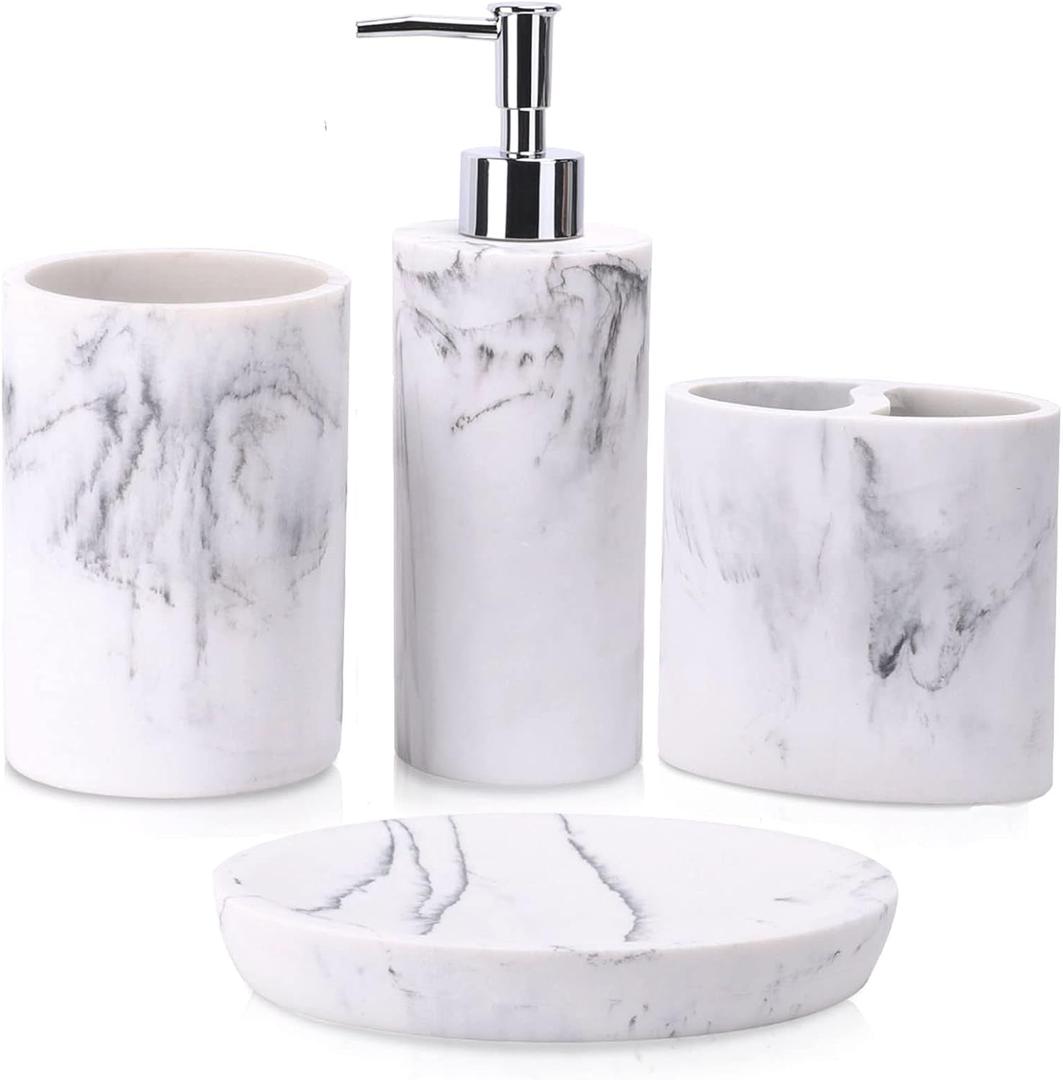 ZCCZ Bathroom Accessory Set, 4 Pcs Marble Look Bathroom Vanity Countertop Bathroom Dcor Sets Accessories with Soap Dispenser, Toothbrush Holder Set, Tumbler, Soap Dish (White Marble Look Rounded)
