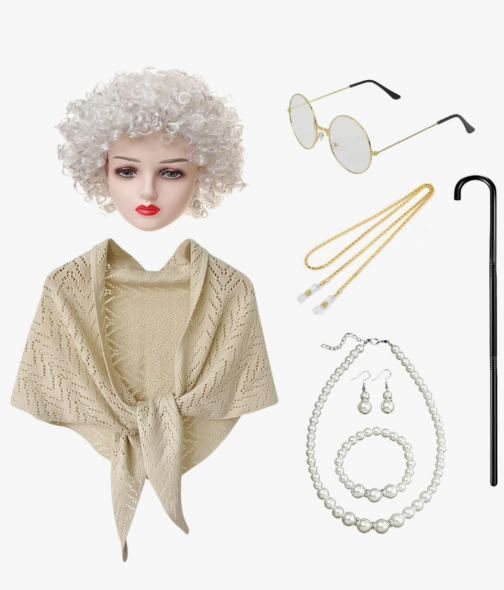 100 Days of School Costume for Women – Old Lady Costume with Wig -School Grandma Costume with Accessories