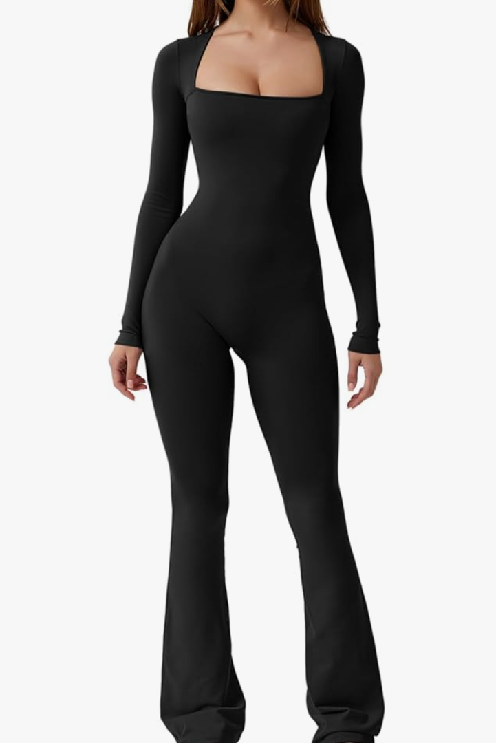 QINSEN Jumpsuits for Women Square Neck Wide Leg Full Length Romper Playsuit, Color: Black, Size: Large
