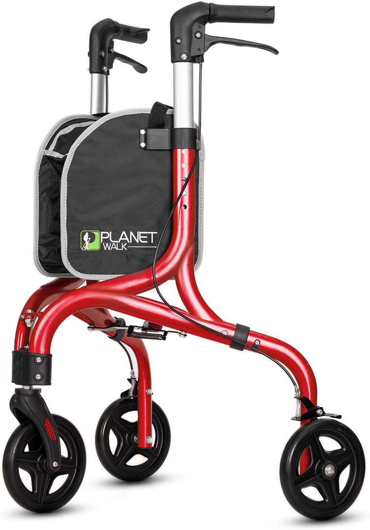 Planetwalk Premium 3 Wheel Rollator Walker for Seniors - Ultra Lightweight Foldable Walker for Elderly, Aluminum Three Wheel Mobility Aid, Brilliant Red