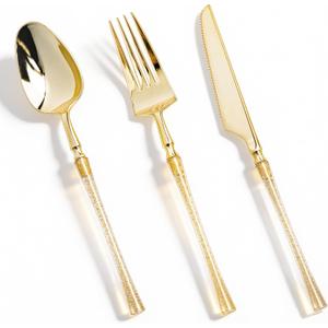 150PCS Gold Plastic Silverware, Heavy Duty Cutlery Silverware, Disposable Plastic Utensils, Include 50 Forks, 50 Knives, 50 Spoons for Party and Wedding, Shiny Gold