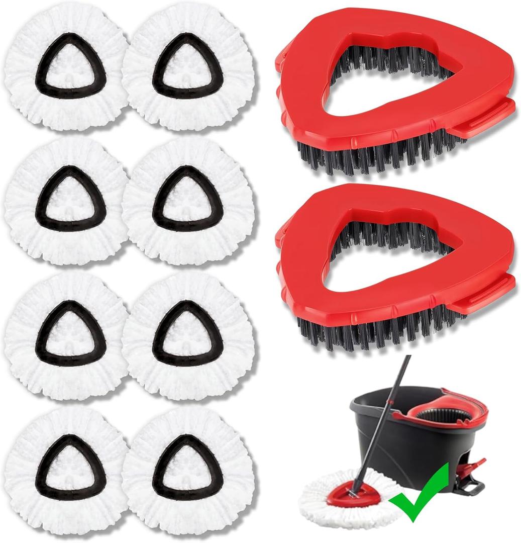 10-Pack Compatible with O-Cedar Mop Heads Replacements: 2 Mop Scrub Brush Head + 8 Microfiber Spin Mop Refills for EasyWring 1-Tank System - Enhanced Cleaning Performance