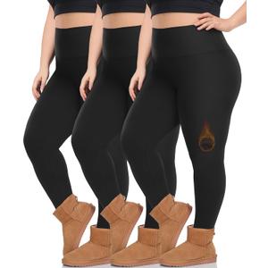 Diu Life 3 Pack Plus Size Fleece Lined Leggings for Women Stretchy 1X-4X Winter Warm Tummy Control Thermal Workout Yoga Pants (XX-Large Plus, 01 Black)