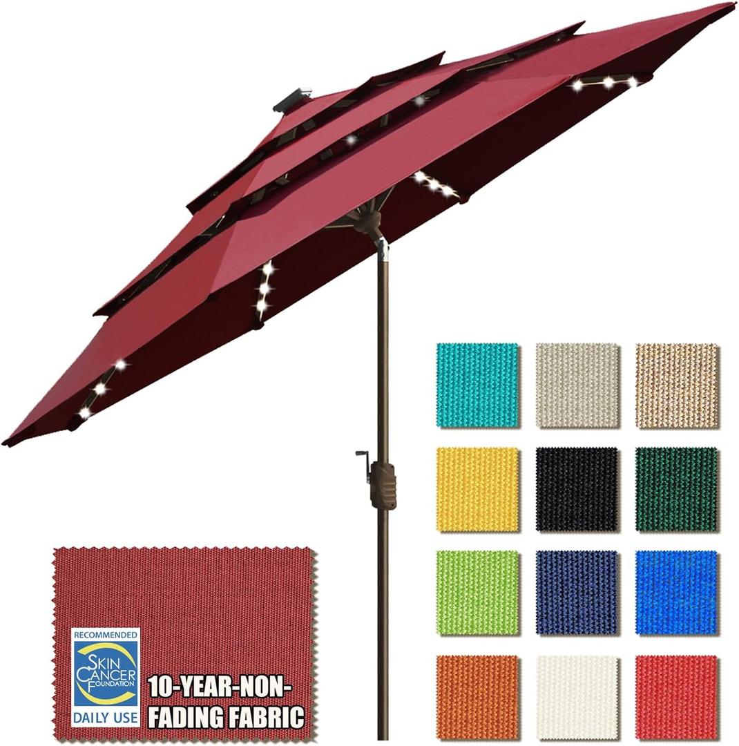 EliteShade USA 10-Year-Non-Fading 9ft 3-Tier Market Patio Umbrella, Commercial Table Umbrella with 80 Solar LED Lights, Crank Open, Windproof & UPF 50+ UV Protection for Garden, Deck, Pool, Backyard, Burgundy