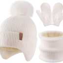 HONGTEYA Toddler Winter Hat Gloves Scarf Set, Kids Baby Beanie Hat Neck Warmer Mittens Fleece Lined Set (6-24 Months, White)