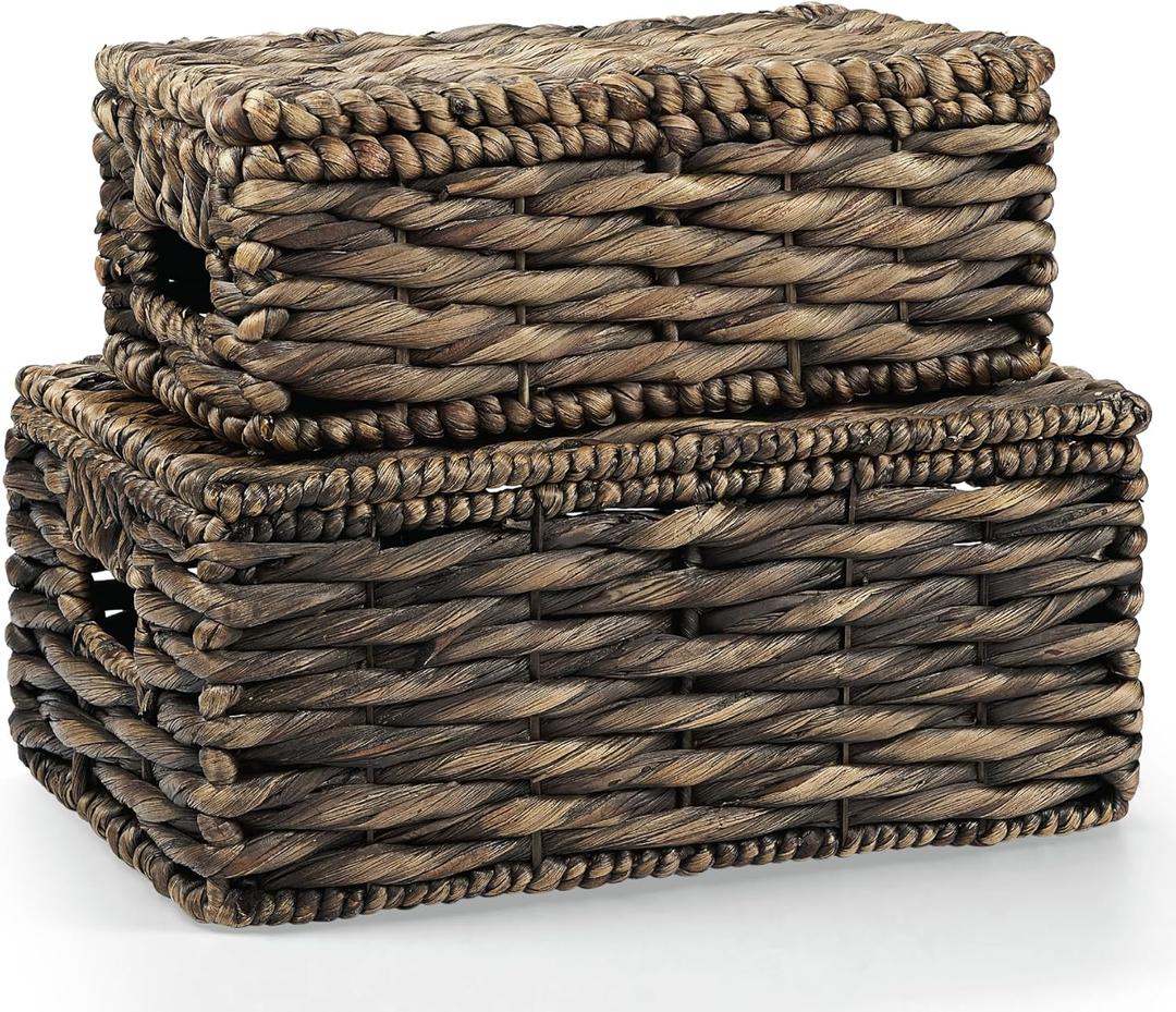 Set of 2 Black Wicker Baskets with Lid