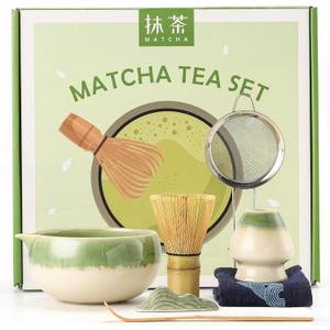 Matcha Whisk Set, 7-Piece Matcha Kit with Green Gradient Round Matcha Bowl, Whisk and Holder, Bamboo Scoop with Stand, Sifter and Tea Towel - Ideal Japanese Ceramic Tea Making Tools for Matcha Lovers