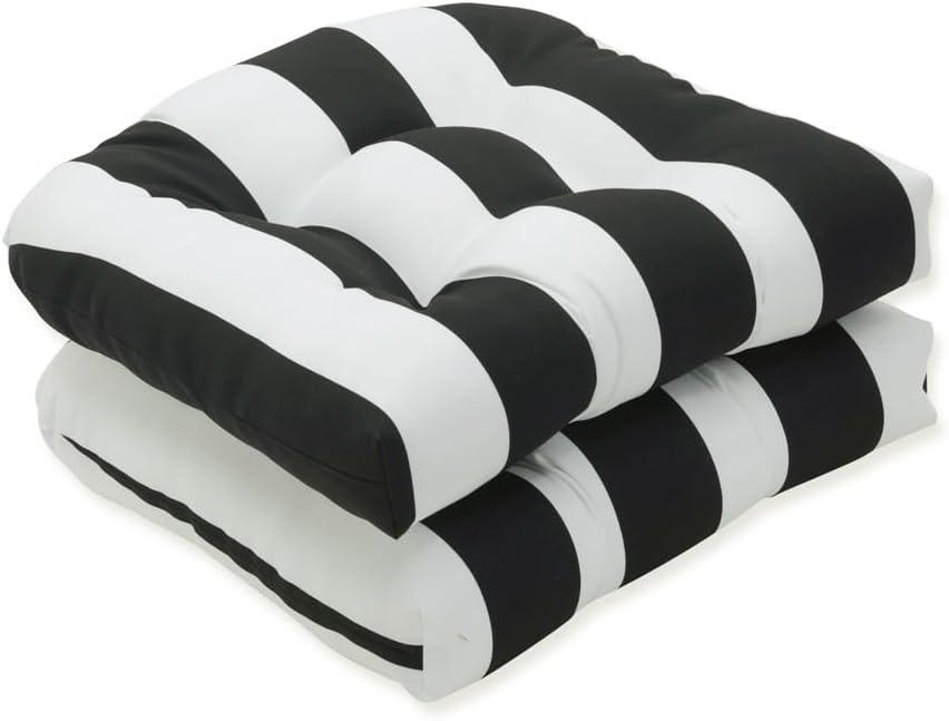 Pillow Perfect Stripe Indoor/Outdoor Chair Seat Cushion, Tufted, Weather, and Fade Resistant, 19" x 19", Black/White Cabana Stripe, 2 Count