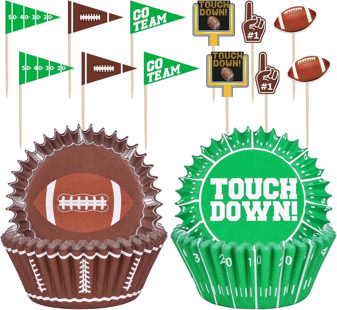 2 x Football Party Supplies: 96-Count Football Cupcake Liners & 96pcs Cupcake Toppe -Game Day, Birthday, and Tailgate Parties - Premium Football Cake Decorations - Football Party Favors
