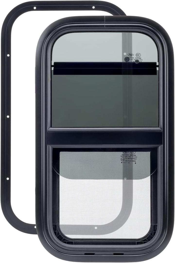 RVSNAIL RV Window for Trailer Camper, 30" W x 20" H RV Exit Window with Net Screen and Trim Ring for 1-1/2" to 1-4/5" Thick Walls, DOT Approved