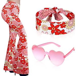 Tisancy 2 Pcs 60s 70s Outfit for Women Hippie Costume Set Disco Flared Pants Groovy Outfit Party Accessories, Size Large
