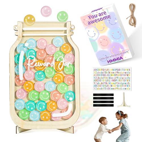 HMMIA Personalized Magnetic Reward Jar, Smiley Faces Jar with Colorful Letter Stickers, Ideal for Classroom Reward System, Home Chore Chart, Positive Behavior Training (42PCS Smiley)
