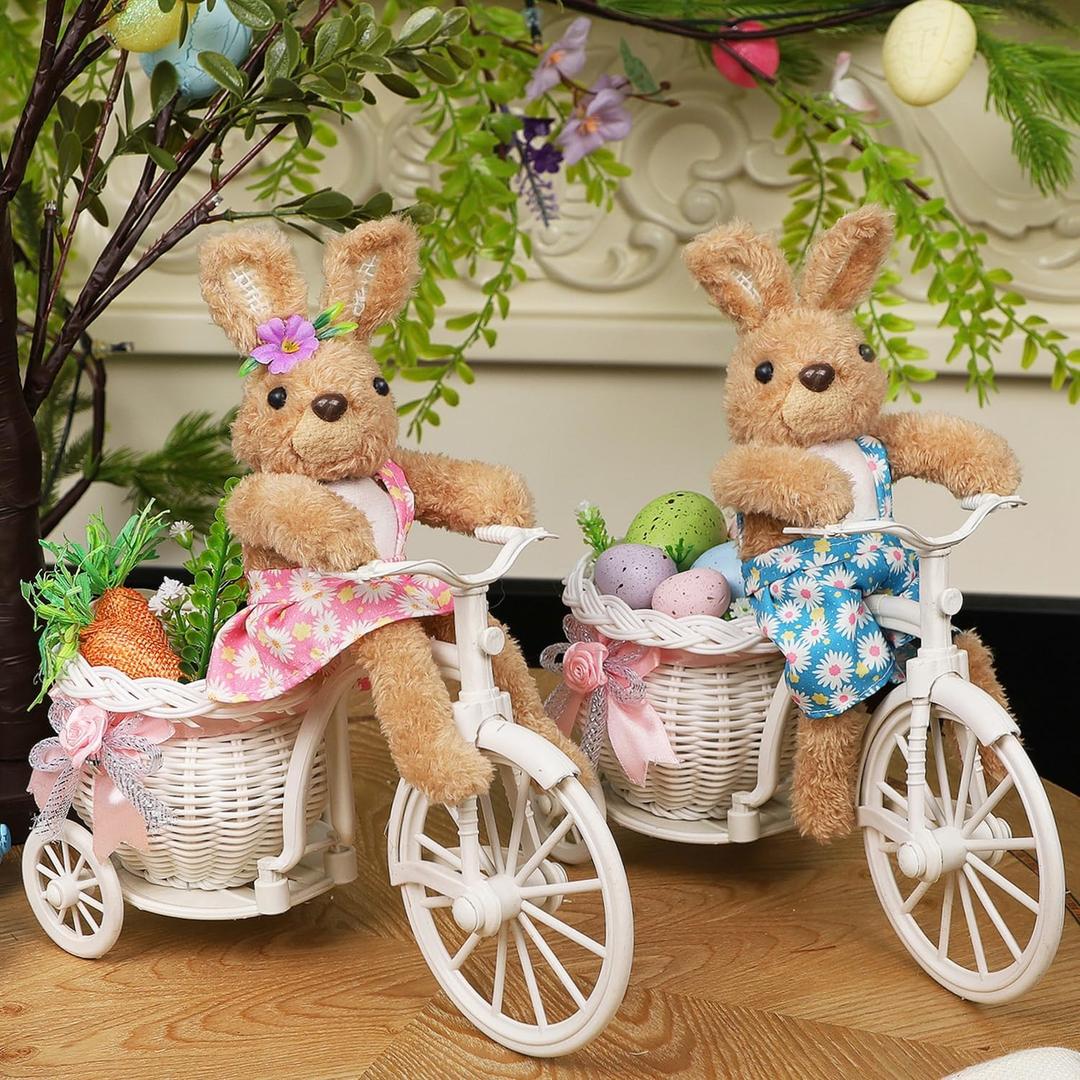 Juegoal Set of 2 Easter Tabletop Decorations Bunny Couple, 10" Rabbits Ride Bike, Cute Animal Figurine Gift, Easter Basket Filler Spring Home Kitchen Room Ornament