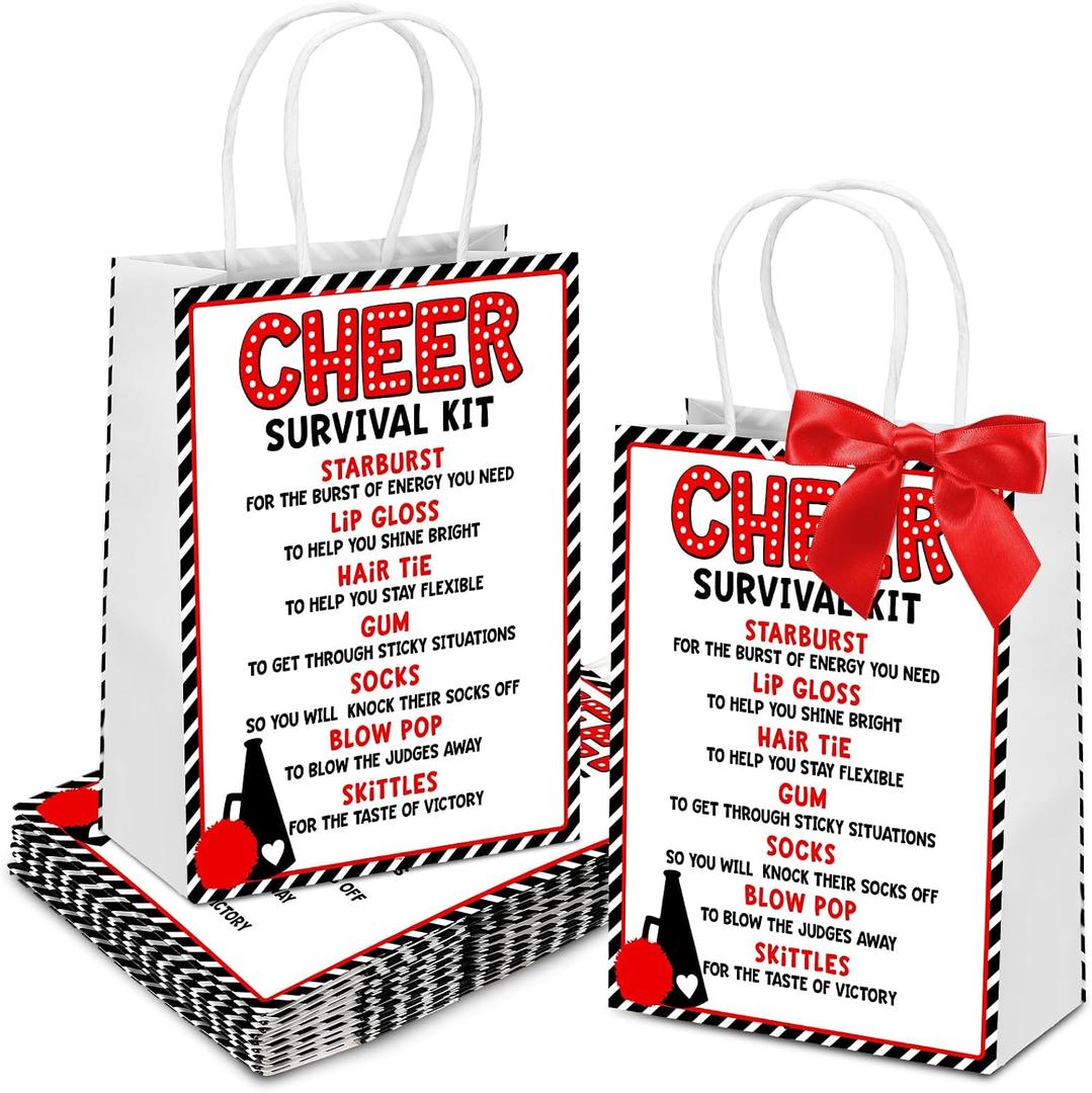 AmazingSpark 20 Pcs Cheerleading Goodie Bags with Handle Cheer Survival Kit Bags Cheerleader Accessories with Ribbon Bow for Team Cheerleaders Cheer Party Favor(Red)