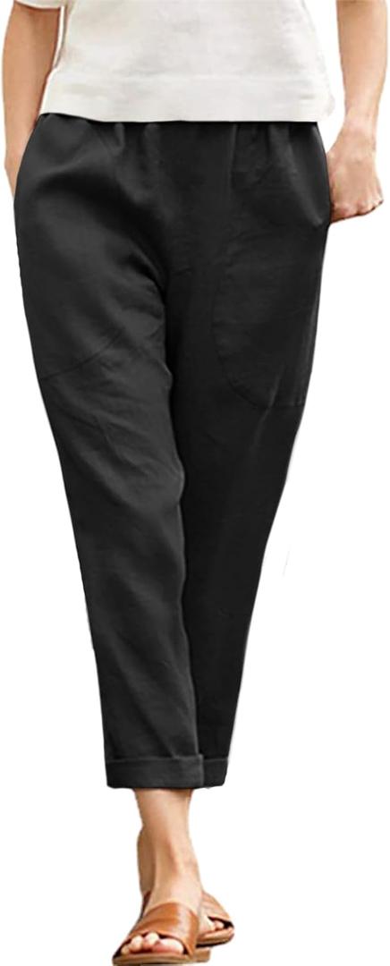 Langwyqu Womens Casual Cotton Tapered Capri Cargo Pants Loose Elastic Waist Ankle Cropped Trouser with Pockets (Large, Black)
