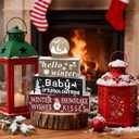 4pcs Winter Table Wooden Decoration Christmas Wooden Decorative Winter Signs Table Decoration Double Side Tiered Tray Decor Holiday Centerpiece for Xmas Home Decor