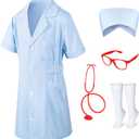 TOKYO REVENGERS Girls Halloween Nurse Set Doctor Outfit Lab Coat Nurse Hat Cosplay Party Costume With Accessories (6-7 Years, Blue)