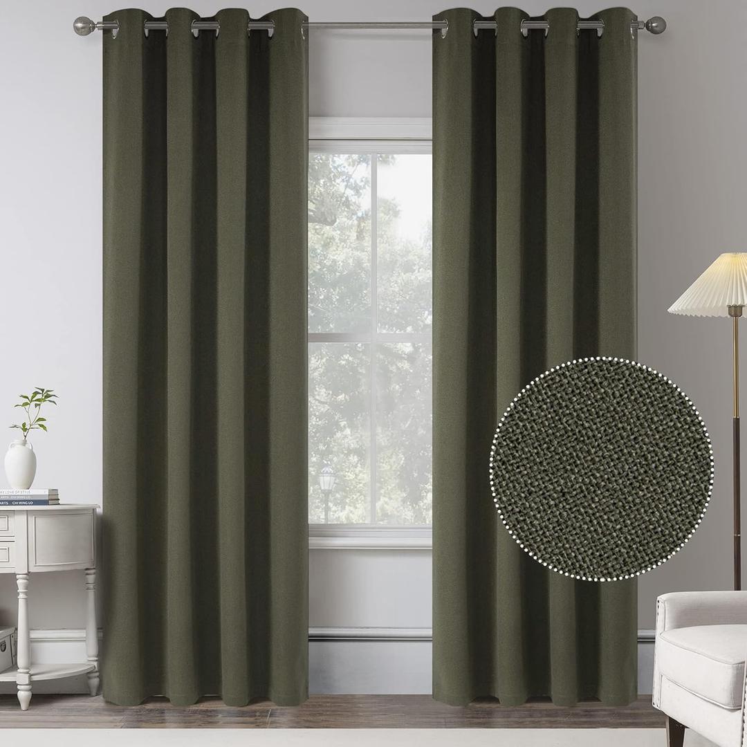 Linen Textured 100% Blackout Curtains for Nursery - 2 Panels Thermal Insulated Entryway Cottage Decor Curtains - Kitchen Waterproof Farmhouse Grommet Top Curtains(W 52 x L 82 Inch Long,Olive Green)