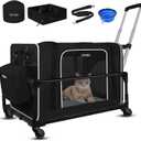 Petskd Extra Large Cat Carrier with Wheels and Litter Box 24"x17"x17" for Large Cat or 2 Small Cats, Soft-Sided Cat Carrier with Lockable Safety Zippers(Black)