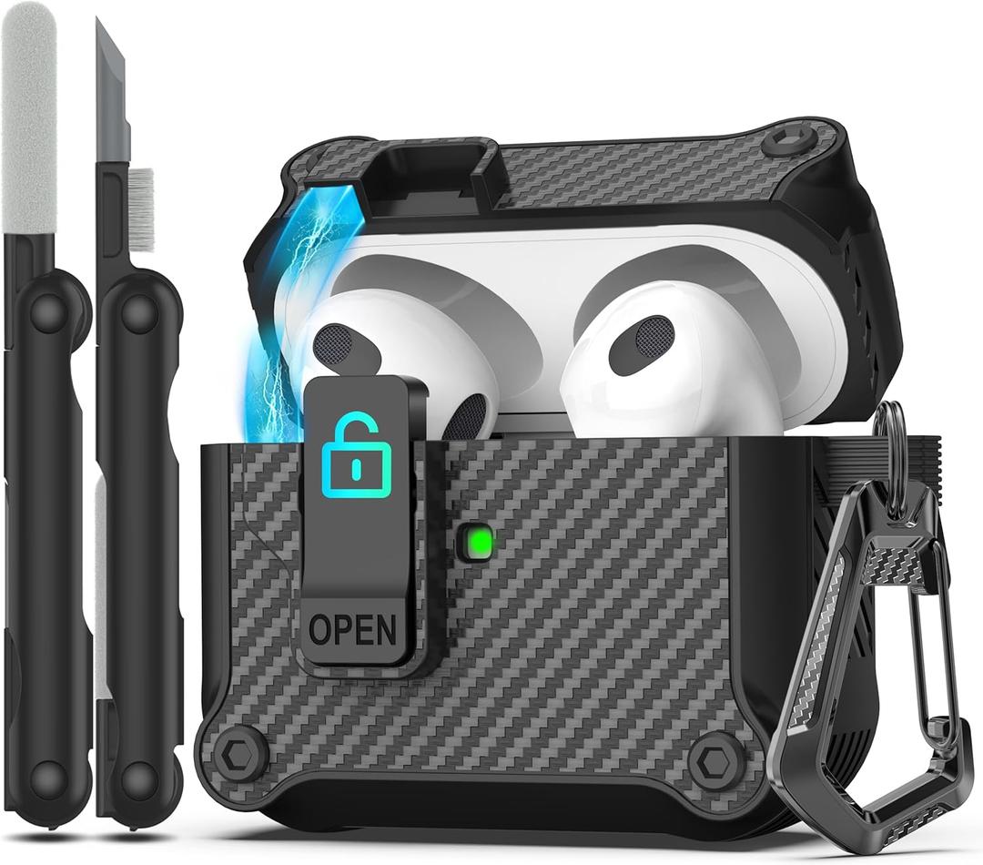 RFUNGUANGO for Airpods 2nd and 1st Generation Protective Cases Automatic Pop-up with Safety Lock Clip, Full Body Shockproof Hard Case with Keychain (Cleaning Tool) - Bla