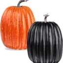 vensovo 2PCS 8 Inch Plastic Pumpkins for Decorating - Black & Orange Large Artificial Foam Pumpkins for Fall Decor, Halloween, Thanksgiving, Paintable for DIY Crafts & Centerpieces