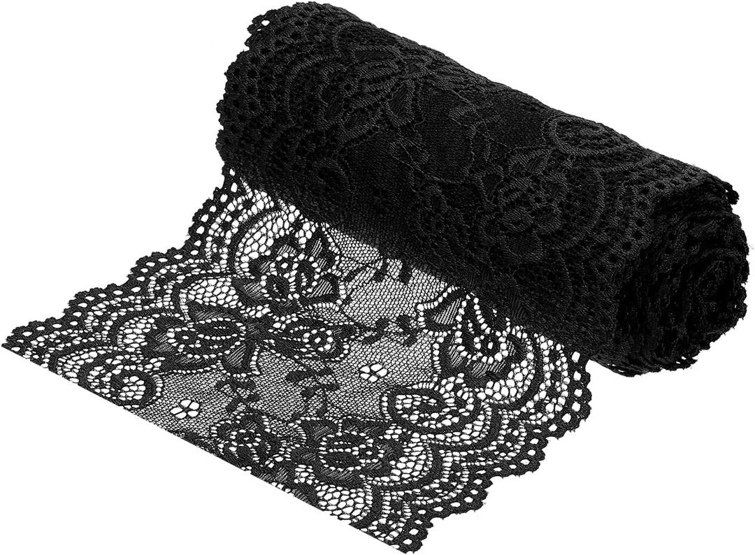 MECCANIXITY 6 Inch Wide 5 Yard Lace Ribbon Floral Pattern Black Lace Trim Ribbon for Sewing Making, and DIY Crafts, Gift Wrapping, Bouquets, Wedding Decor