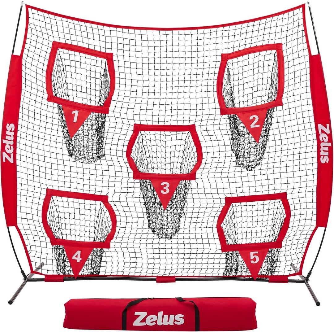 ZELUS 8 x 8ft Football Throwing Net, Quarterback Training Equipment with 5 Target Pockets, Football Practice Throwing Passing Accuracy Trainer with Carry Bag Ground Stakes for Kids Adults, Red