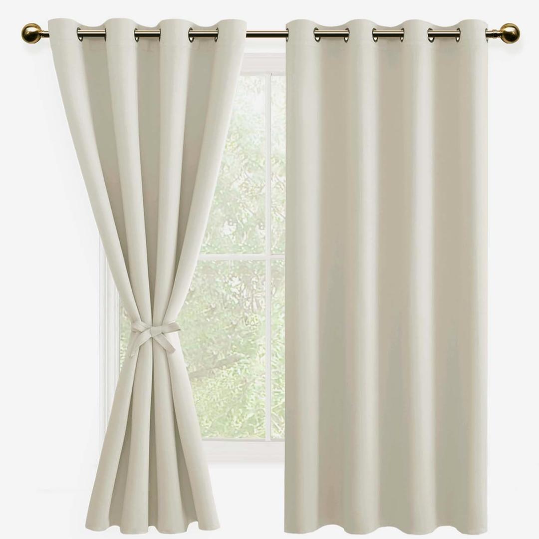DWCN Blackout Curtains for Bedroom with Tiebacks - Room Darkening Privacy Grommet Top Window Curtains for Living Room, 52 x 63 inch Length, Ivory, Set of 2 Panels