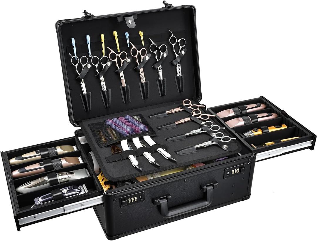Barber Case with Clippers Sliding Tray, Profesional Barbers Briefcase Tool Case, Barber Cases for Clippers and Supplies, Hair Scissors Trimmer Organizer, Salon Grooming Hard Travel Suitcase