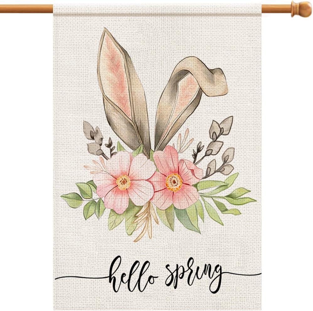 Hello Spring Easter Bunny Floral House Flag 28x40 Inch Burlap Double Sided Outside, Seasonal Sign Yard Outdoor Decorations DF249-28 (Multicolor)