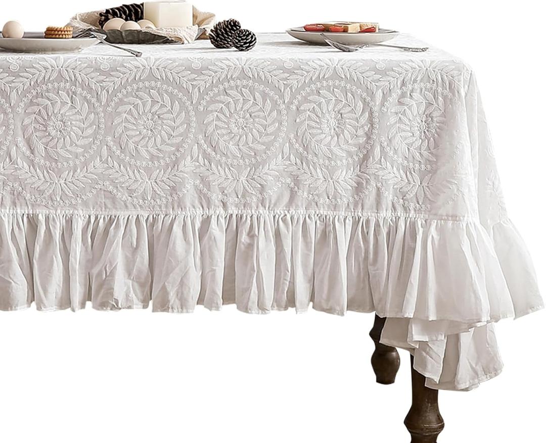 patdrea Vintage Ruffle Tablecloth for Rectangle Tables, Farmhouse Embroidered Cotton White Lace Table Cloth Cover Decor for Dining Room Wedding Banquet Thanksgiving Christmas, 59"*83"