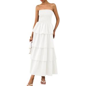 PRETTYGARDEN Women's Maxi Dress 2025 Summer Off Shoulder Smocked Tiered Ruffle Long Flowy Dresses Casual Beach Sundress (White,Large)