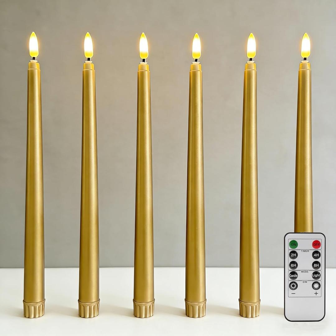 Gold Flameless Taper Candles with Remote, Flickering LED Candlesticks Battery Operated Home Candle Decor, Set of 6