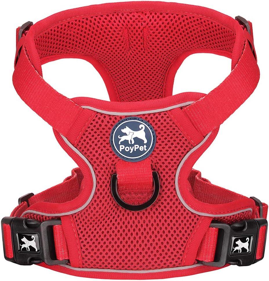 PoyPet Reflective Soft Breathable Mesh Dog Harness Choke-Free Double Padded Vest with Adjustable Neck and Chest(Red,M)