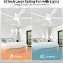 60 Inch White Ceiling Fans with Lights, Flush Mount Ceiling Fan with Remote | Low Profile 5 Blades 10 Inch Lighting Fixture, Quiet Reversible DC Motor for Living Room, Bedroom and Patio