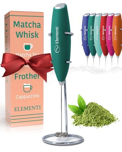 Elementi Matcha Whisk & Frother Set - Powerful Electric Matcha Mixer for Powder, Easy to Use Electric Whisk Kit - Craft Effortless Lattes with the Elementi Milk Frother Wand & Wisk (Emerald Green)