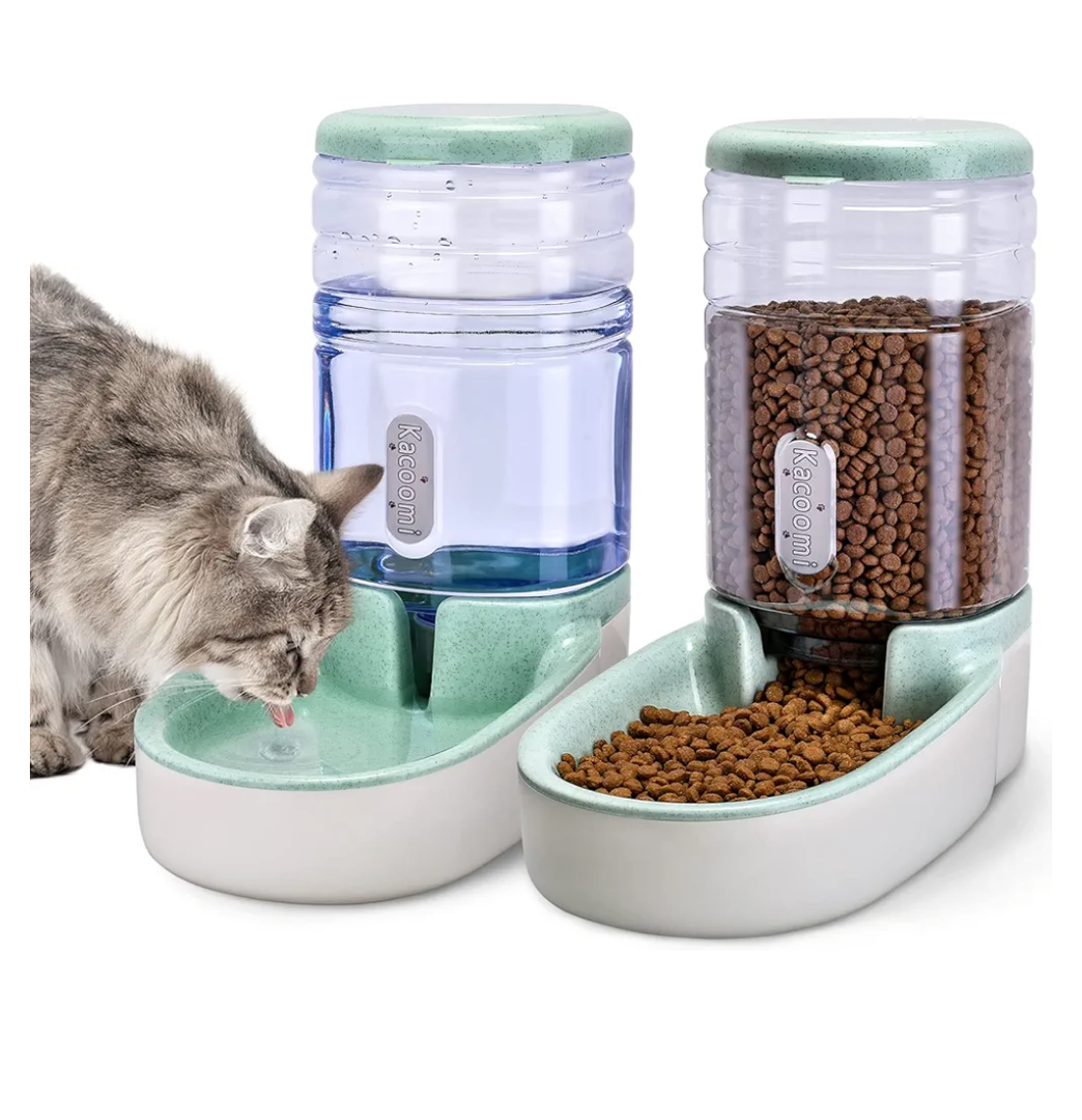 Automatic Dog Cat Feeder and Water Dispenser Gravity Food Feeder and Waterer Set with Pet Food Bowl for Small Medium Dog Puppy Kitten, Large Capacity 1 Gallon x 2