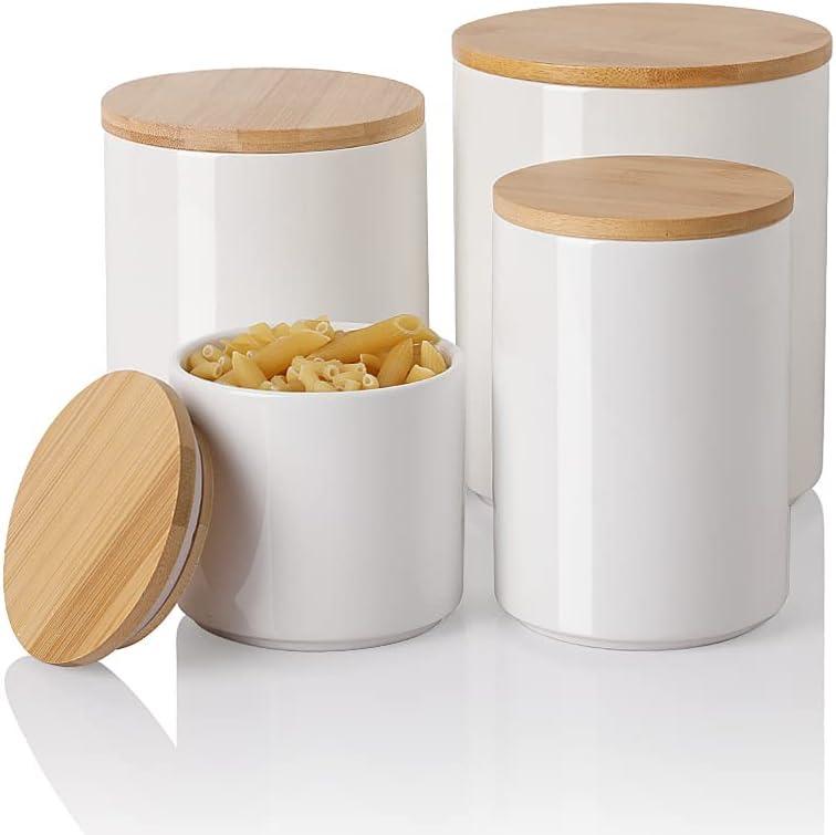 Sweejar Kitchen Canisters Ceramic Food Storage Jar Set, Stackable Containers with Airtight Seal Wooden Lid for Serving Ground Coffee, Tea, Herbs, Grains, Sugar, Salt - Set of 4 (White)